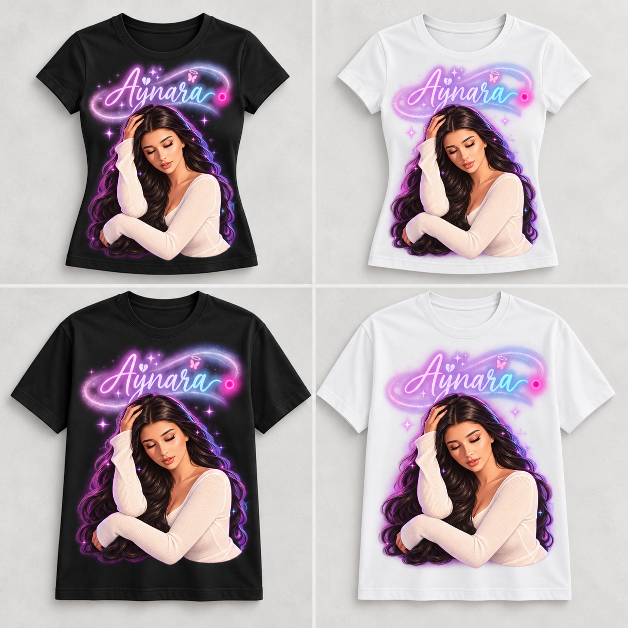Aynara character tees · four-design sheet — generated concept mockup
