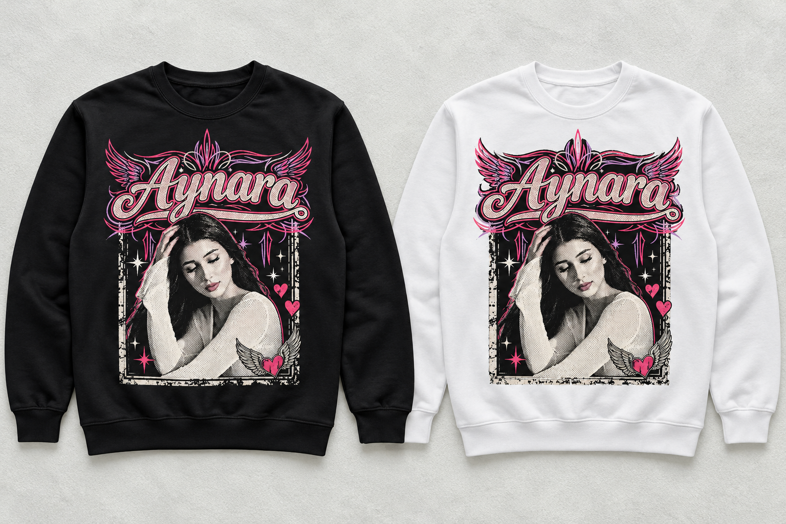 Aynara portrait crewnecks · black + white — generated concept mockup